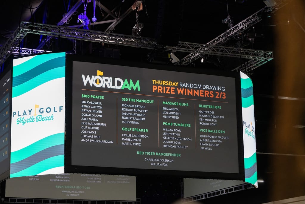 The video board above the ballroom listing the night's random drawing prize winners