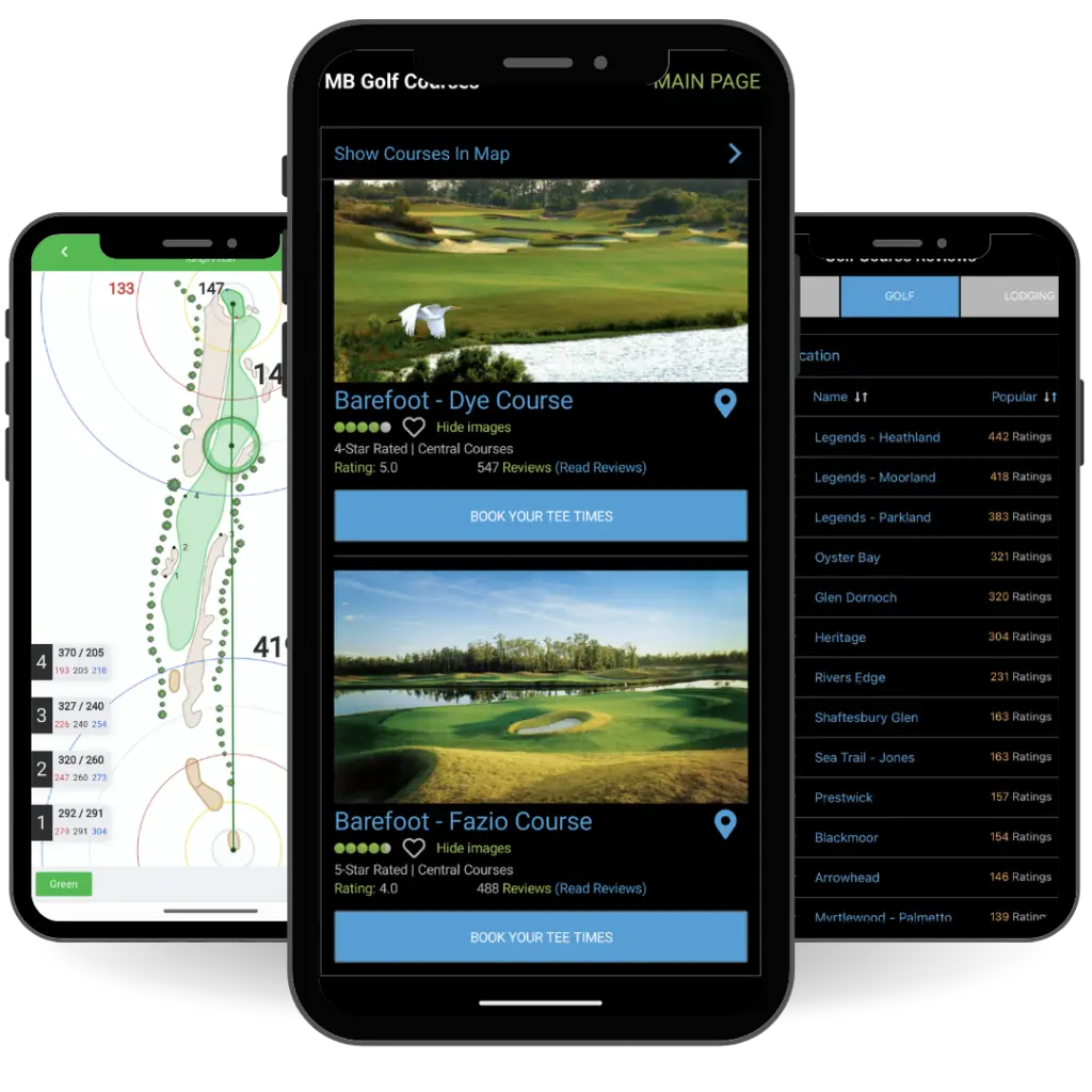 The Myrtle Beach Golf app on three phones, showing course listings, a hole map with yardages and course reviews