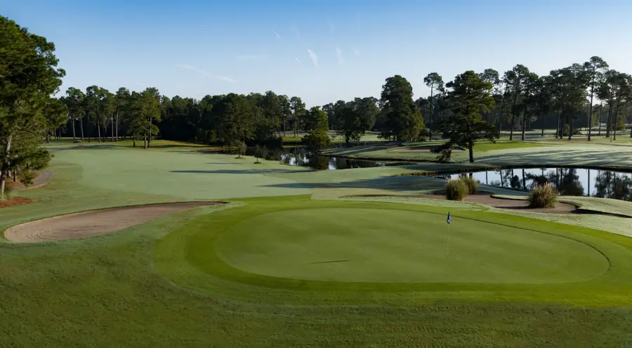 A green at Myrtle Beach National West Course framed by tall pines, with a bunker to the front left